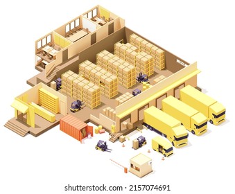 Vector isometric warehouse building cross-section. Warehouse racking, forklifts with boxes, van and truck loaded with goods, offices, pallets with crates, container