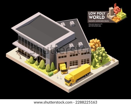 Vector isometric warehouse building. Warehouse building exterior. Industrial facility. Office, loading docks and trucks