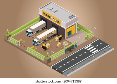 Vector Isometric Warehouse Building.trucks With Goods In Crates.fence And Warehouse Guard Booth.crates And Pallets, Loading Docks, Building Interior, Pallet Racking Systems,stacks Of Cardboard Boxes,