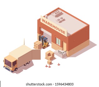 Vector isometric warehouse composition with truck, forklift and delivery boxes. Freight transport icon. Isolated white background.