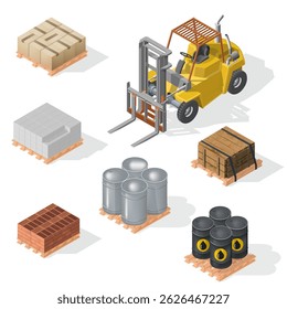 Vector isometric warehouse equipment icon set. Included forklift, boxes with pallets, barrels, bricks