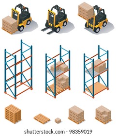 Vector isometric warehouse equipment icon set - forklift carrying pallets with boxes, storehouse shelves