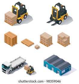 Vector isometric warehouse equipment icon set. Included forklift, boxes with pallets, warehouse building and truck