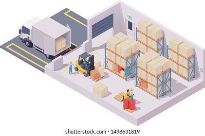 Vector isometric warehouse interior, forklift loaded with boxes on pallet, box truck, forklift driver and warehouse worker, pallet storage racks, crates and barrels