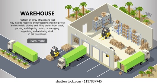 Vector isometric warehouse with interior inside, delivery service. Storehouse with boxes for shipping, trucks, forklifts with cargo. Web page with button and space for text, logistics concept banner