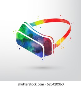 Vector isometric watercolor virtual reality glasses, VR headset vector icon. Imagination or creativity consept.
