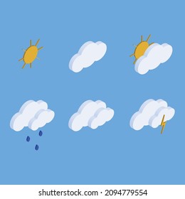 Vector isometric weather icons. Different weather conditions: cloudy, cloudy with rain, rain, thunderstorm