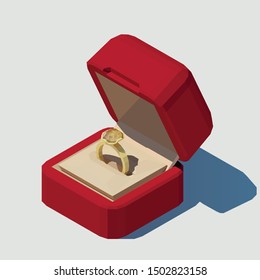 Vector isometric wedding ring in a box. Low poly 3d vector illustration.