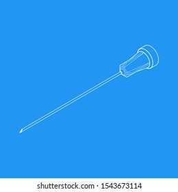 vector isometric white outline design syringe needle illustration isolated blue background.
