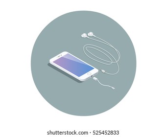 Vector isometric white smartphone with headphone adapter, 3d flat design phone, electronic devices icon 