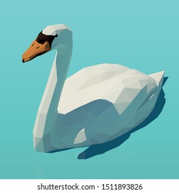 Vector isometric white swan on the water. Low poly 3d vector illustration.