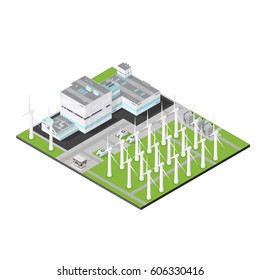 Vector isometric wind farm.
Power station illustration generating electricity.