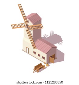 Vector isometric windmill with a bags of grain and cart. Isometric 3d vector illustration. Isolate background.
