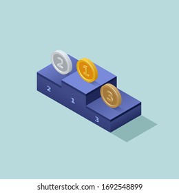 Vector isometric winner podium and gold, silver, bronze medals icon 