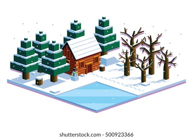 Vector Isometric Winter Forest Scene Isolated Illustration