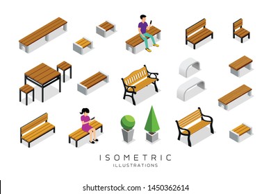 Vector isometric wooden bench collection with man and woman background, illustration