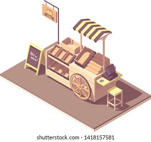 Vector isometric wooden farmer kiosk or cart stand for fruits and vegetables. Retro design with wooden wheel, awning, boxes and crates, cash register, credit card payment terminal