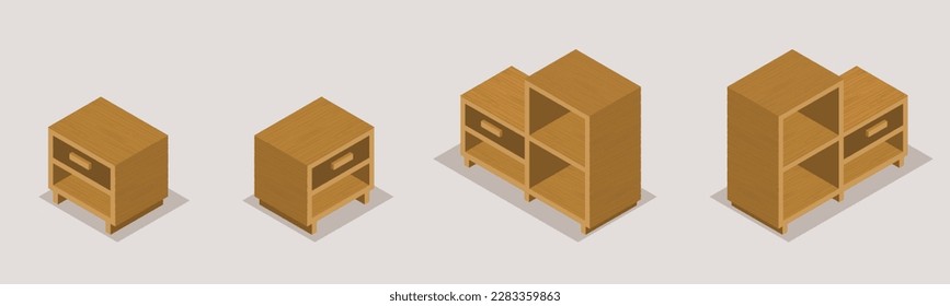 Vector isometric wooden home furniture set. Domestic furniture and equipment. set of wooden cabinets. old vintage bookshelf.