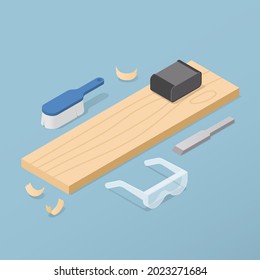 Vector isometric woodworking illustration. Wooden plank with woodwork tools - chisel, sandpaper, brush, protective glasses and wooden shavings around.