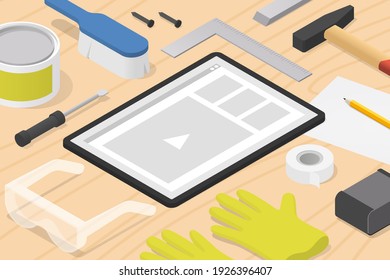 Vector isometric woodworking online tutorial illustration. Tablet with woodworking tools - hammer, safety glasses, tape, ruler, gloves, brush, screwdriver, varnish and spatula.