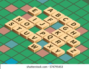 Vector isometric word puzzling game. Alphabet on wooden tiles in isometric projection. Game board background