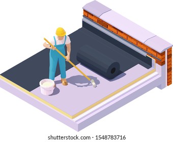 Vector isometric worker at flat roof waterproofing and insulation. Rubber roofing membrane, EPDM or Roofing felt installation on low-slope building roof