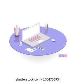 Vector isometric workplace with computer. Work at home at the computer.