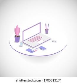 Vector isometric workplace with computer. Work at home at the computer.