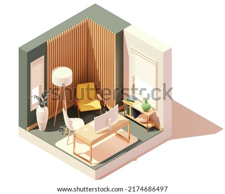 Vector isometric workplace in home office room. Office table and chair, modern wide screen computer monitor, floor lamp, chair, bookshelf