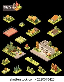 Vector isometric world map creation set. Combinable map elements. Small town or village buildings and houses, school building, basketball court, trees, roadside restaurant