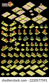 Vector isometric world map creation set. Combinable map elements. Different trees, road elements, greenhouse