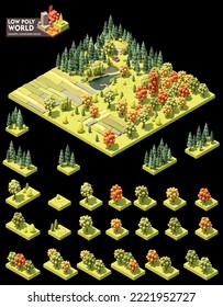 Vector isometric world map creation set. Combinable map elements. Forest, fields and ponds