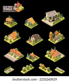 Vector isometric world map creation set. Combinable map elements. Countryside or village map. Buildings, trees, gazebo