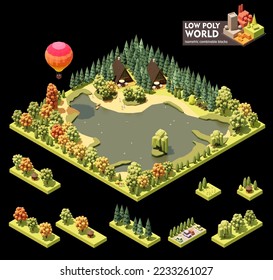 Vector isometric world map creation set. Combinable map elements. Lake resort. A-frame houses, on the shore of the lake, pine forest, gazebos and balloon, vacationers