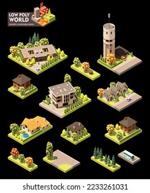 Vector isometric world map creation set. Combinable map elements. Countryside or village map. Buildings, trees, water tower and office