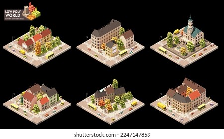 Vector isometric world map creation set. Combinable map elements. Town or city center map. Old town buildings and streets