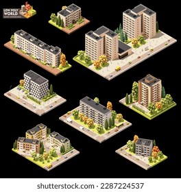 Vector isometric world map creation set. Combinable map elements. Town or city residential area map. Multi storey buildings and streets