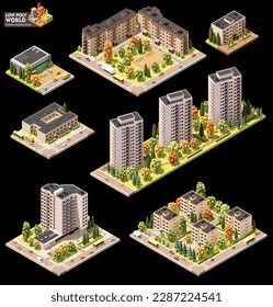 Vector isometric world map creation set. Combinable map elements. Town or city residential area map. Multi storey buildings and streets