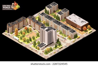 Conjunto de creación de mapas del mundo isométrico vectorial. Elementos de mapa combinables. Mapa de la ciudad o zona residencial de la ciudad. Edificios y calles de varios pisos