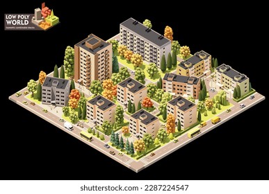 Vector isometric world map creation set. Combinable map elements. Town or city residential area map. Multi storey buildings and streets