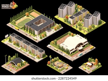 Vector isometric world map creation set. Combinable map elements. Town or city residential area map. Multi storey buildings and streets