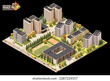 Vector isometric world map creation set. Combinable map elements. Town or city residential area map. Multi storey buildings and streets