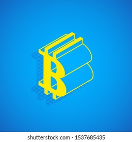 vector isometric yellow color bitcoin logo cryptocurrency sign illustration isolated blue background 
