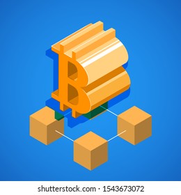vector isometric yellow color bitcoin logo. cryptocurrency with block chain sign illustration isolated blue background. 
