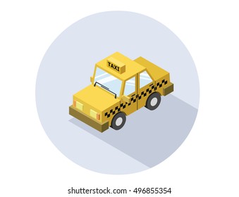 Vector isometric yellow taxi car with long shadow, city transport icon, taxicab service, modern 3d flat design  