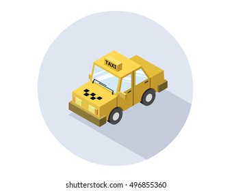 Vector isometric yellow taxi car with long shadow, city transport icon, taxicab service, modern 3d flat design  