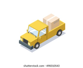 Vector isometric yellow wagon car with boxes, minivan, trucks for cargo transportation, delivery car icon, 3D flat business illustration 