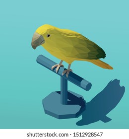 Vector isometric yellow-green parrot on a stand rack. Low poly 3d vector illustration.