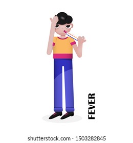 Vector isometric young ill man with fever, high temperature holding thermometer in his mouth isolated on white background, wearing violet trousers, yellow and magenta T shirt, cartoon style, big eyes