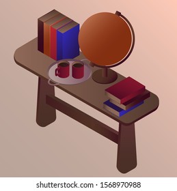 Vector isometricillustration ofan isolated table with a globe, books, tray with cups